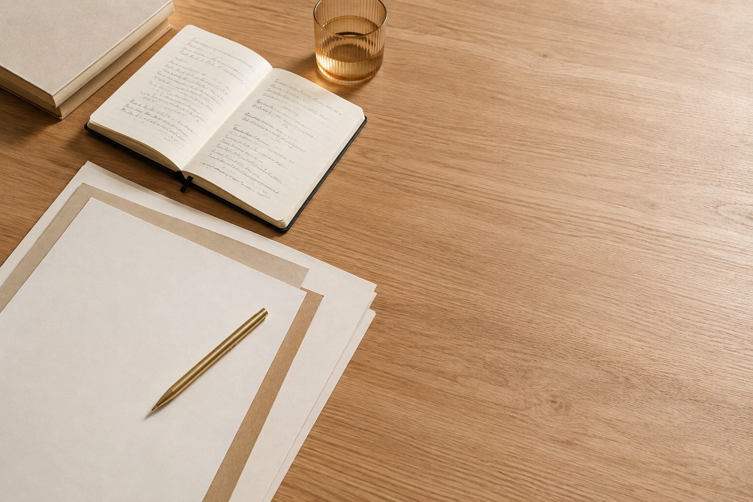 Mesa de trabalho com documentos dispostos lado a lado e caderno de anotações, representando a elaboração do planejamento