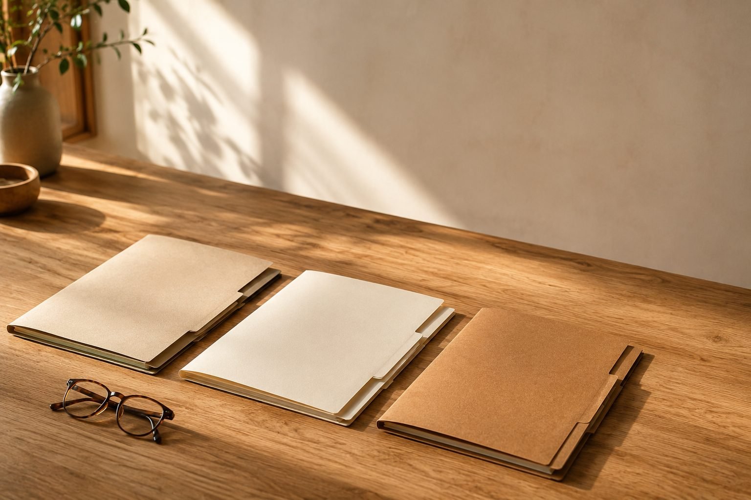 Três pastas de documentos separadas sobre a mesa, representando os caminhos possíveis apresentados ao cliente