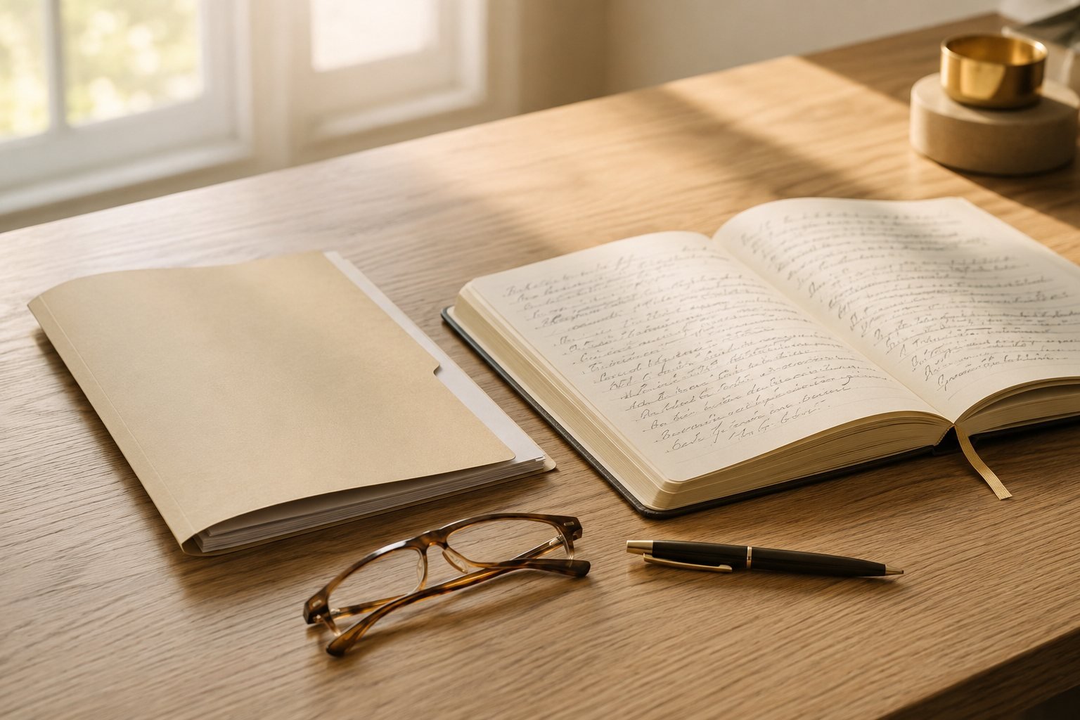 Mesa de trabalho com pasta de documentos, caderno de anotações e óculos, representando o planejamento patrimonial e sucessório feito em Bebedouro