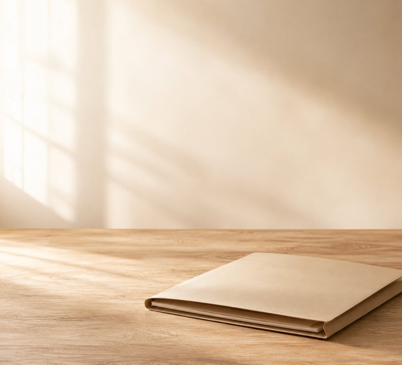 Pasta de documentos fechada sobre mesa de madeira em luz quente, textura de fundo da situação de inventário após um falecimento